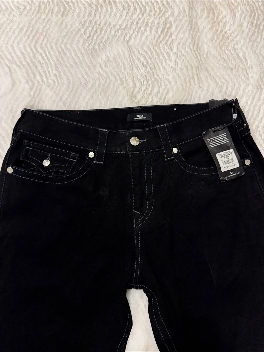 Men's True Religion Ricky Flap Relaxed Straight Black Jeans,  Sz 34 New